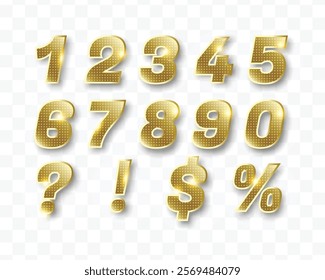 3d luxury golden set of number digits one two three four five six seven eight nine shiny numeric collection for birthday anniversary sale in gold metal dots.
Numbers 1 2 3 4 6 7 8 9 0 symbols 