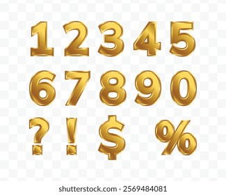 3d luxury golden set of number digits one two three four five six seven eight nine. Shiny numeric collection for birthday anniversary and sale in gold metal design.
Numbers 1 2 3 4 6 7 8 9 0 symbols 