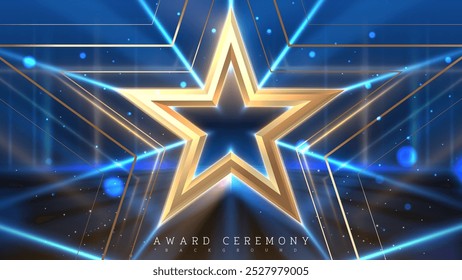 3D luxury golden stars with spotlights and bokeh decorations on blue stage backdrop, elegant awards ceremony background design concept. Vector illustration.