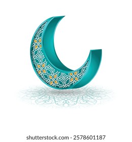 3d luxury green crescent moon Ramadan Kareem Eid Mubarak Islamic background banner with lights. Translation: "Muslim fasting month and celebration day after fasting"