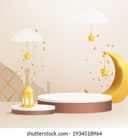 3d Luxury Islamic Platform with Gold Crescent Moon, Traditional Islamic Lantern. Square Islamic Podium Banner for Product Display, Ramadan, Presentation, Base.