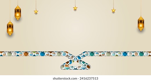 3d luxury Islamic ramadan kareem eid mubarak border colorful pattern empty horizontal background banner design. Translation. "Muslim fasting month and celebration day after fasting."