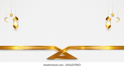 3d luxury Islamic ramadan kareem eid mubarak golden border shape pattern empty horizontal background banner design. Translation. "Muslim fasting month and celebration day after fasting."