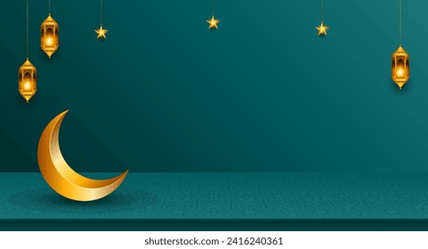 3d luxury Islamic ramadan kareem eid mubarak green podium and lantern empty horizontal background banner design. Translation. "Muslim fasting month and celebration day after fasting."