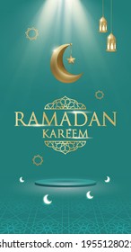 3d Luxury Minimal Ramadan Banner in Green Background with Crescent Moon, Lantern, Stars, Ketupat, Gold. Podium with Spotlight for islamic festivities