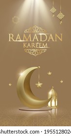 3d Luxury Minimal Ramadan Banner in Cream or Brown Background with Crescent Moon, Lantern, Stars, Ketupat, Gold. Podium with Spotlight for islamic festivities