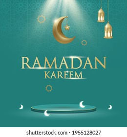 3d Luxury Minimal Ramadan Banner in Green Background with Crescent Moon, Lantern, Stars, Ketupat, Gold. Podium with Spotlight for islamic festivities