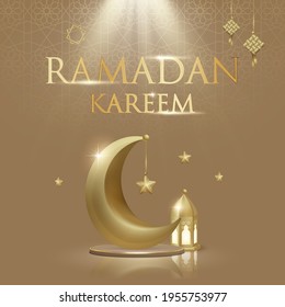 3d Luxury Minimal Ramadan Banner in Cream or Brown Background with Crescent Moon, Lantern, Stars, Ketupat, Gold. Podium with Spotlight for islamic festivities