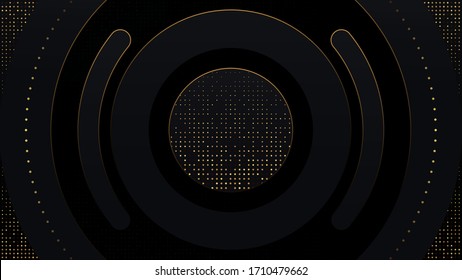 3D Luxury modern black gradient composition background with geometric shape and golden glitter halftone. Design element template can be used for wallpaper, backdrop, banner, vector illustration