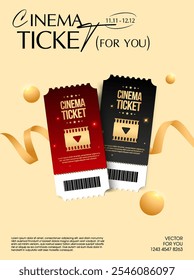 3d luxury movie tickets with barcode, isolated on background with golden ribbons. 3d theater box ticket vector icon