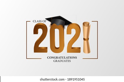 3d luxury party event of class of 2021 graduation congratulation award with certificate and graduate cap hat banner template