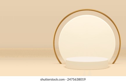 3d luxury pastel podium pedestal with golden decor for presentation realistic vector illustration. Neutral light trendy cylinder stage with semi circle wall background rendering mock up product show