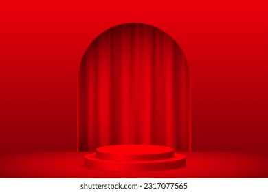 3D luxury podium, red curtain in arch of doorway vector illustration. Realistic showcase pedestal for premium beauty products presentation, empty cylinder stage with two platforms and niche in wall