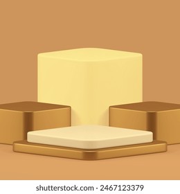 3d luxury rhombus podium beige neutral display for product show realistic vector illustration. Elegant geometric brown pastel pedestal showcase with cubes wall background golden stand for advertising