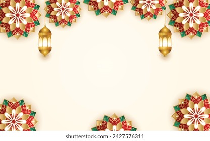 3d luxury round mandala colorful eid mubarak ramadan kareem lantern islamic background banner ornament. Translation: "Muslim fasting month and celebration day after fasting"