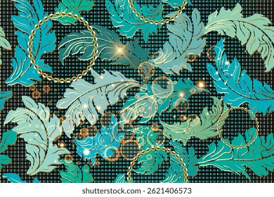 Patrón inconsútil de lujo 3d con hojas barrocas turquesas, cadenas doradas y luces brillantes en un fondo de estilo de píxel de cuadrícula. Diseño de Vector glamuroso con elegancia decorativa y reflejos brillantes.