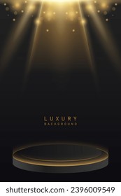 3d luxury shiny gold podium, pedestal, award in vertical black background vector design