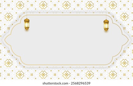 3d luxury white arabesque ramadan kareem eid mubarak islamic background banner with golden pattern. Arabic gold arch border frame horizontal. Translation: "Muslim fasting month and celebration day".