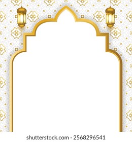 3d luxury white arabesque ramadan kareem eid mubarak islamic background banner with golden pattern. Arabic gold arch border. Translation: "Muslim fasting month and celebration day".