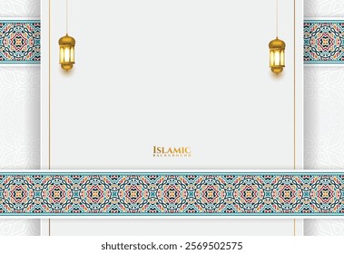 3d luxury white arabesque ramadan kareem eid mubarak islamic background colorful border. Translation: "Muslim fasting month and celebration day".