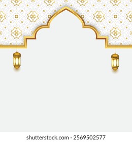 3d luxury white arabesque ramadan kareem eid mubarak islamic background banner with golden pattern. Arabic gold arch border frame door. Translation: "Muslim fasting month and celebration day".