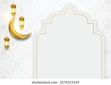 3d luxury white arabesque ramadan kareem eid mubarak pattern islamic background. Arabic  arch border with golden moon. Translation: "Muslim fasting month and celebration day".
