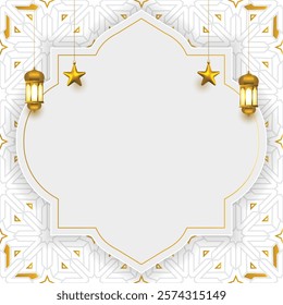 3d luxury white arabesque ramadan kareem eid mubarak pattern islamic background. Arabic  arch frame with golden star. Translation: "Muslim fasting month and celebration day".