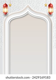 3d luxury white paper cut vertical arch Islamic ramadan kareem eid mubarak arabic background banner design illustration. Translation. "Muslim fasting month and celebration day after fasting."