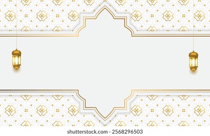 3d luxury white ramadan kareem eid mubarak arabesque islamic background banner with golden pattern. Arabic gold arch border. Translation: "Muslim fasting month and celebration day".