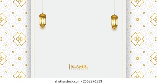 3d luxury white ramadan kareem eid mubarak arabesque islamic background banner with golden pattern. Arabic gold pattern. Translation: "Muslim fasting month and celebration day".