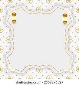 3d luxury white ramadan kareem eid mubarak arabesque islamic background banner with golden pattern. Arabic arch border design. Translation: "Muslim fasting month and celebration day".