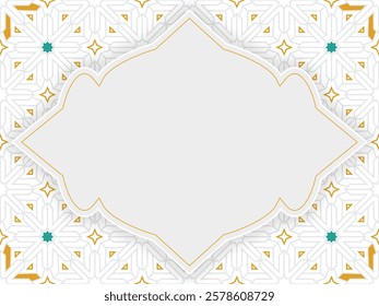 3d luxury white ramadan kareem eid mubarak arabesque islamic background banner with border shape. Translation: "Muslim fasting month and celebration day".