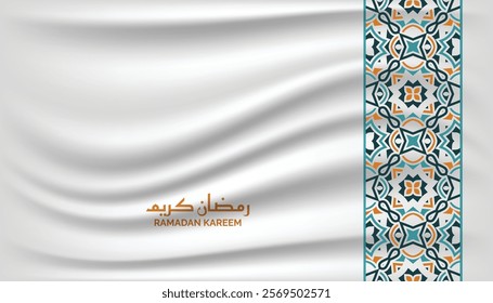 3d luxury white satin arabesque ramadan kareem eid mubarak islamic background banner with colorful border pattern. Translation: "Muslim fasting month and celebration day".