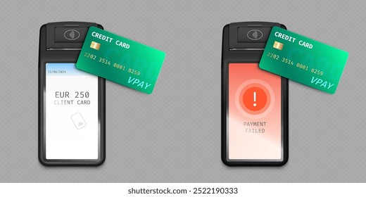 Máquina 3d para cartão de crédito para pagamento nfc. Terminal de PDV para transação bancária sem contato com telefone celular. Montagem do sistema sem dinheiro e tela de falha ou fatura. Problema vermelho no check-out no conceito da loja