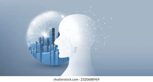 3D Machine Learning, Artificial Intelligence and Neural Networking Design Concept with Human or Robot Head Silhouette, City in a Globe, Global Neural Network, Mesh, Connections to the Brain Center