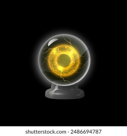 Esfera de cristal mágico 3d en un soporte, aislado sobre un fondo negro. Hay una peligrosa energía chispeante dentro. El brillo dorado del plasma. Fuerte, descarga eléctrica, tensión. Ilustración vectorial.