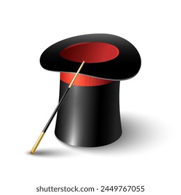 3d magic hat and wand. Magicians accessories, magical cap focus holiday event object isolated vector illustration
