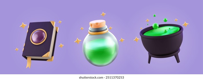 3d magic icon for halloween with witch cauldron and cute potion flask for game. Wizard pot for magician spell. Spooky ancient fantasy objects for party decoration. Boiling sorcerer caldron item