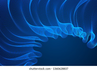 3d magic particles mesh array over dark, sound wave flowing, transparent tulle textile on wind. Round points vector effect illustration. Blended mesh, calming relaxing wallpaper.