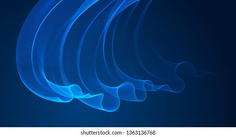 3d magic particles mesh array over dark, sound wave flowing, transparent tulle textile on wind. Round points vector effect illustration. Blended mesh, calming relaxing wallpaper.