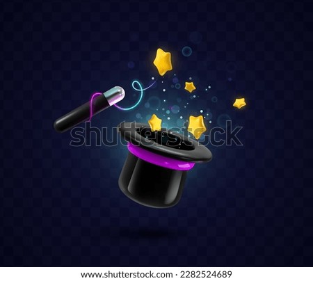 3D magic wand and hat with magical lightning, sparkles and stars floating on transparent background vector design elements. Wizard tool, magic stick with spell.