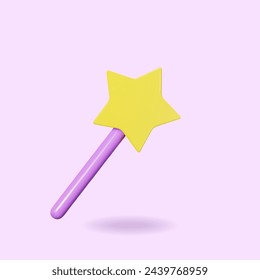 3d magic wand stick with star. 3d render glossy plastic icon. Vector illustration.