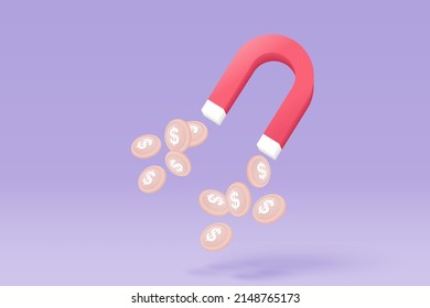 3d magnet attraction money coins. magnet concept for business investments earnings and financial savings, earning or making money. Cashback and making coin concept. 3d render vector illustration