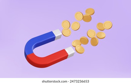 3D Magnet with coins currency earn money motivation announce  financial business investing attracting customer marketing attention on purple background. Eps 10 vector. 3d render illustration