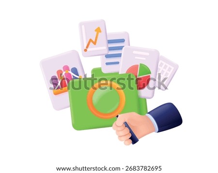 3d magnifier audit. Hand with magnifying glass data analysis, business insight finance service study research overview survey financial control charts, exact vector illustration original artwork
