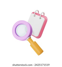 3d magnifier and copybook with blank paper. Tiny elements render in plastic style and pastel colors. Loupe with notepad icon. Vector isolated illustration.
