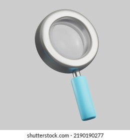 3d magnifier icon with transparent blue glass. An element of school equipment, a search icon.