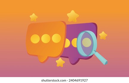 3D magnifier minimal notification icon with bubble speech floating around on background.speech chat concept.3d handmade.3d goal for technology,online social media usage illustration.