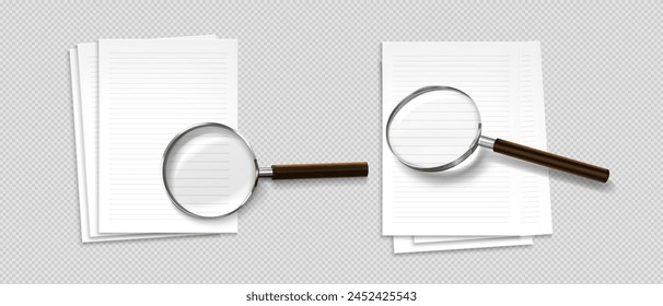 3d magnify glass search in document paper vector. Check business information in content to find symbol. Loupe tool and agreement page to analyze. Realistic magnifier inspect application on web