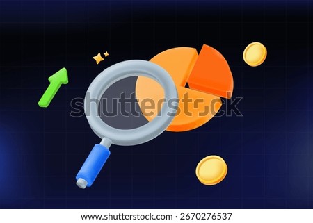 3d Magnifying glass analyzing pie chart with growth arrow and coins. business analytics, market research, finance, and data insight. vector illustration
